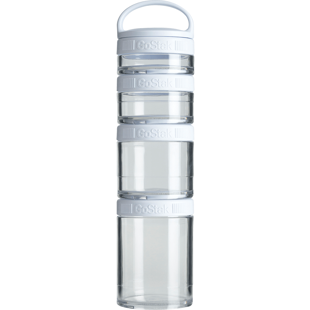 Picture of the white colored GoStak vitamin bottle storage container available from Celebrate.